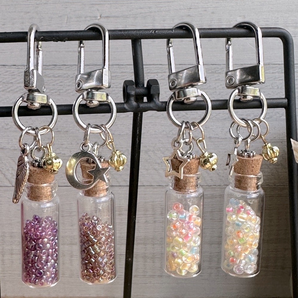 Set of 4 Mini Glass Jars w/Beads Bag Purse Backpack Tag Charm – Handmade, Unisex